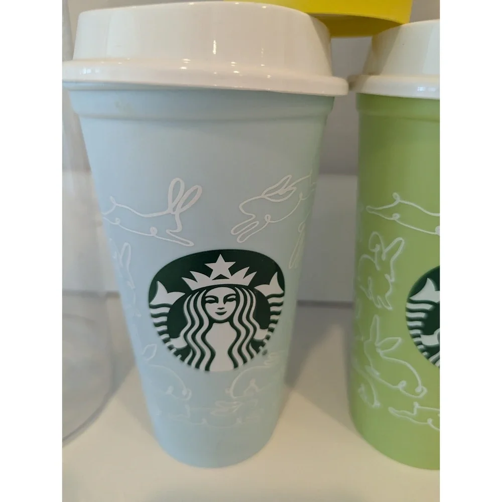 Starbucks 2018 Reusable Easter Pastel Cups Set Of 5 16oz cups W/Lids Rabbit Egg